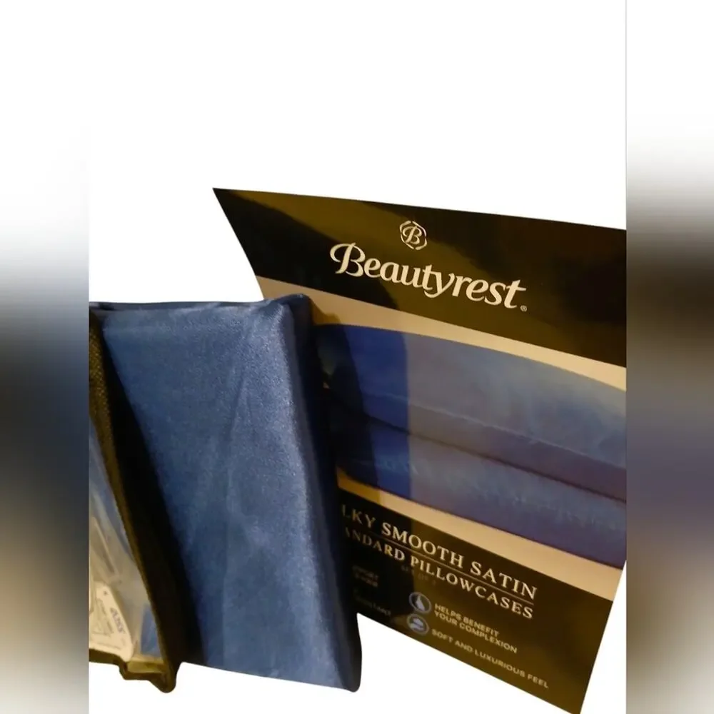 2 Pc Beautyrest STANDARD Satin Pillowcases BLUE Silky Therapeutic Ha…